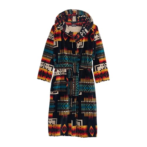 Pendleton Mens Robe 100% Cotton Unisex Bathrobe with Hood and 2 Deep Pockets Dual Sizing S/M Washable - Chief Joseph Black