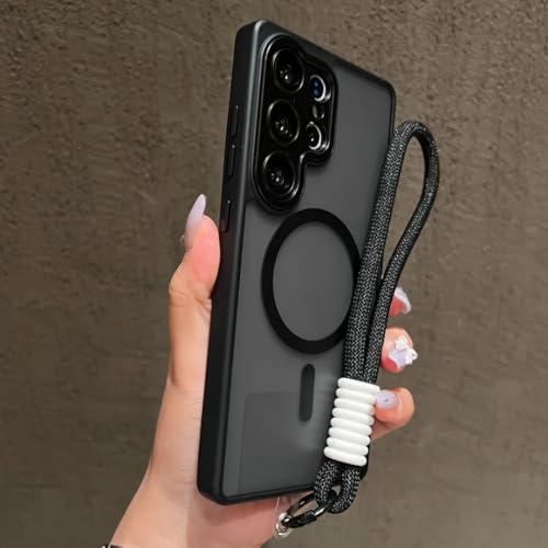 Étui magnétique Galaxy S24+ noir mat avec dragonne pratique