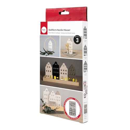 Rayher Silikon Gießform Nordic Häuser, 3 Einzelmotive, Formgröße 14,5 x 26 x 1,7 cm, Deko skandinavischer Stil, Ausgießen mit Kreativ-Beton, Schmuck-Beton, Raysin-Gießpulver, Wachs, 36190000