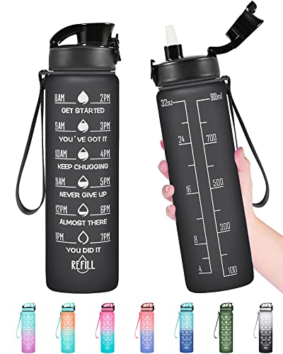 Image of Enerbone 32 oz Water Bottle, Leakproof BPA & Toxic Free, Motivational Water Bottle with Times to Drink and Straw, Fitness Sports Water Bottle with Strap for Office, Gym, Outdoor Sports, Black Matte