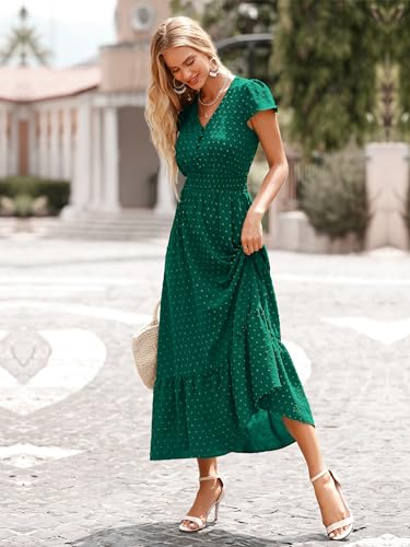 Image of PRETTYGARDEN Womens Dresses 2026 Summer Maxi Dress Boho Short Sleeve V Neck Swiss Dot Ruffle Tiered Smocked Flowy Long Dress
