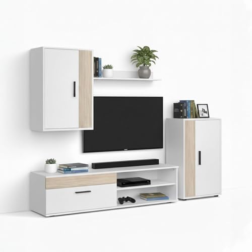 duehome | Mueble de Salón, Composición Modular de TV, Modelo: Lunet 190, Acabado en Blanco y Roble Canadian, Medidas: 140 cm (Largo) x 35 cm (Fondo) x 36,2 cm (Alto)