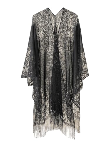 Milumia Women's Floral Lace Shawl Warps Fringe Open Front Shrug Pashmina Shawl Evening Dresses Scarfs