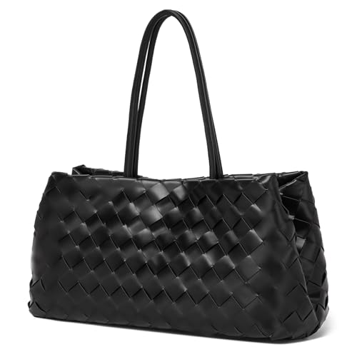 Woven Tote Bag for Women, Vegan Leather Shoulder Handbag with