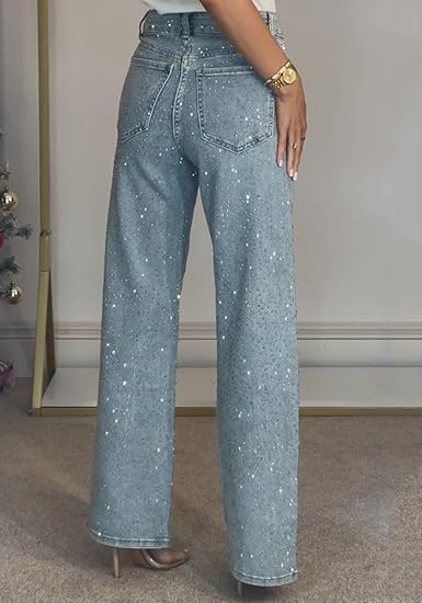 Sparkly Jeans for Women Rhinestones Y2K High Waisted Baggy Straight Wide Leg Loose Fit Bling Glitter Boyfried Denim Pants - Image 5