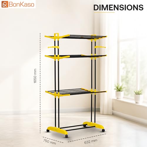Image of BonKaso AirFold Plus 3-Tier Foldable Clothes Drying Stand, Laundry Rack with Wheels and 8 Hanger Slots for Indoor Outdoor Home