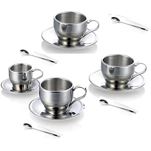 Jasni Stainless Steel Coffee Cup Coffee Mugs Espresso Cups and Great Cappuccino Cups with Spoon and Saucer Gift Idea for Coffee and Tea Lovers (4) Cover