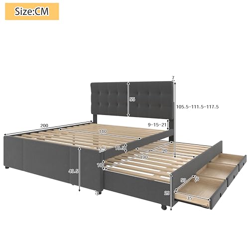 Kinderbett Polsterbett 140x200, Doppelbett Tagesbett mit Ausziehbett und 3 Stauraum Schublade,Schlafsofa Gästebett Sofabett Jugendbett mit Lattenrost,Verstellbares Kopfteil,Leinen,Grau,Ohne Matratze – Bild 3