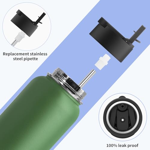 Image of Koodee 32 oz Water Bottle with Wide Handle Straw Lid, Vacuum Insulated 18 /8 Stainless Steel Wide Mouth Flask (Grass Green)