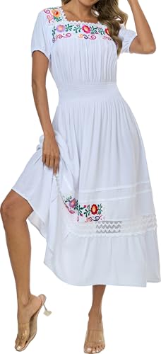 Image of Women's Summer Maxi Dress Casual Floral Embroidered Round Neck Short Sleeve Ruffle Tiered Dress Flowy Boho Beach Sundress