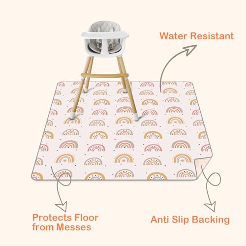 CLYMENE Splat Mat for Under High Chair | 51x51 Inch Anti-Slip Baby Splash Mat | Waterproof & Washable Spill Mat for Highchair Floor and Infant Play (Boho Rainbow)