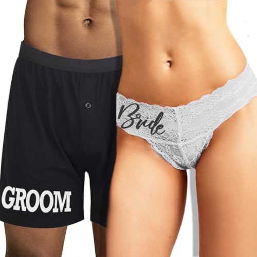 RhinestoneSash Bride and Groom Underwear Gift Set - Wedding Night Panties and Boxers - Bridal Shower Gifts