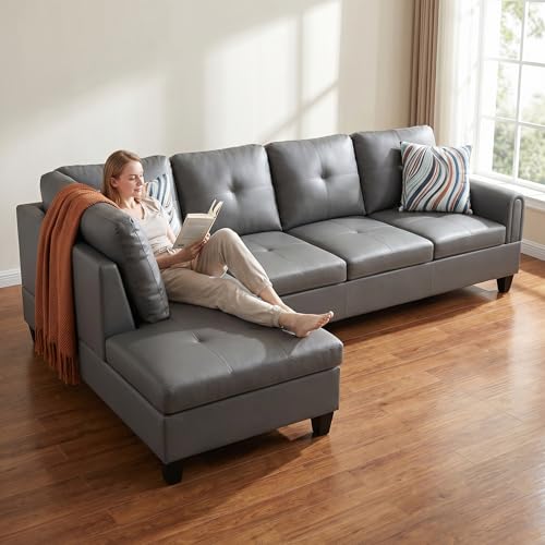 Image of L-Shaped Sectional Sofa, Modern 4-Seat Couch with Left Facing Chaise, Leather Sectional Couch for Living Room, Apartment, Office, Dark Grey
