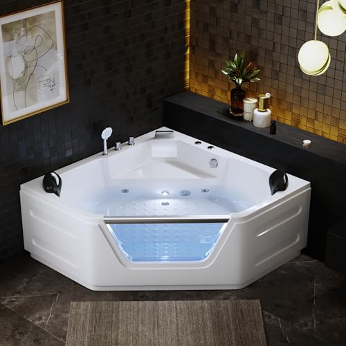 Corner Bathtub - 59&rdquo;Jetted Soaking Bathtub for 2 Person with 7 Color Lights - Home Spa Bath tub...