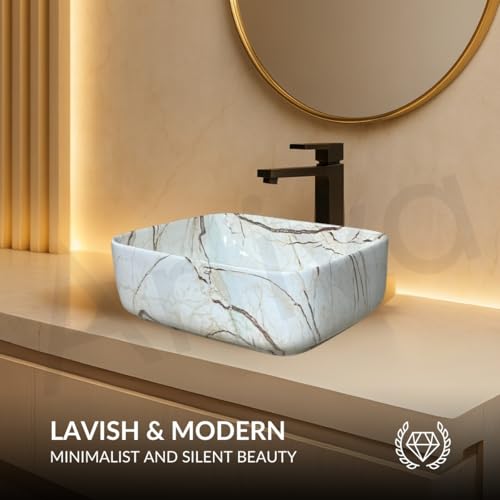 Image of Artiva Ceramic Wash Basin /Tabletop Washbasin For Bathroom,12 inchx16 inch /Small Countetop Bathroom Basin /Table Top Basin For Home,Office,Hotel /Rectangle Glossy Sink (Marmi Beige,12x16 Inch)