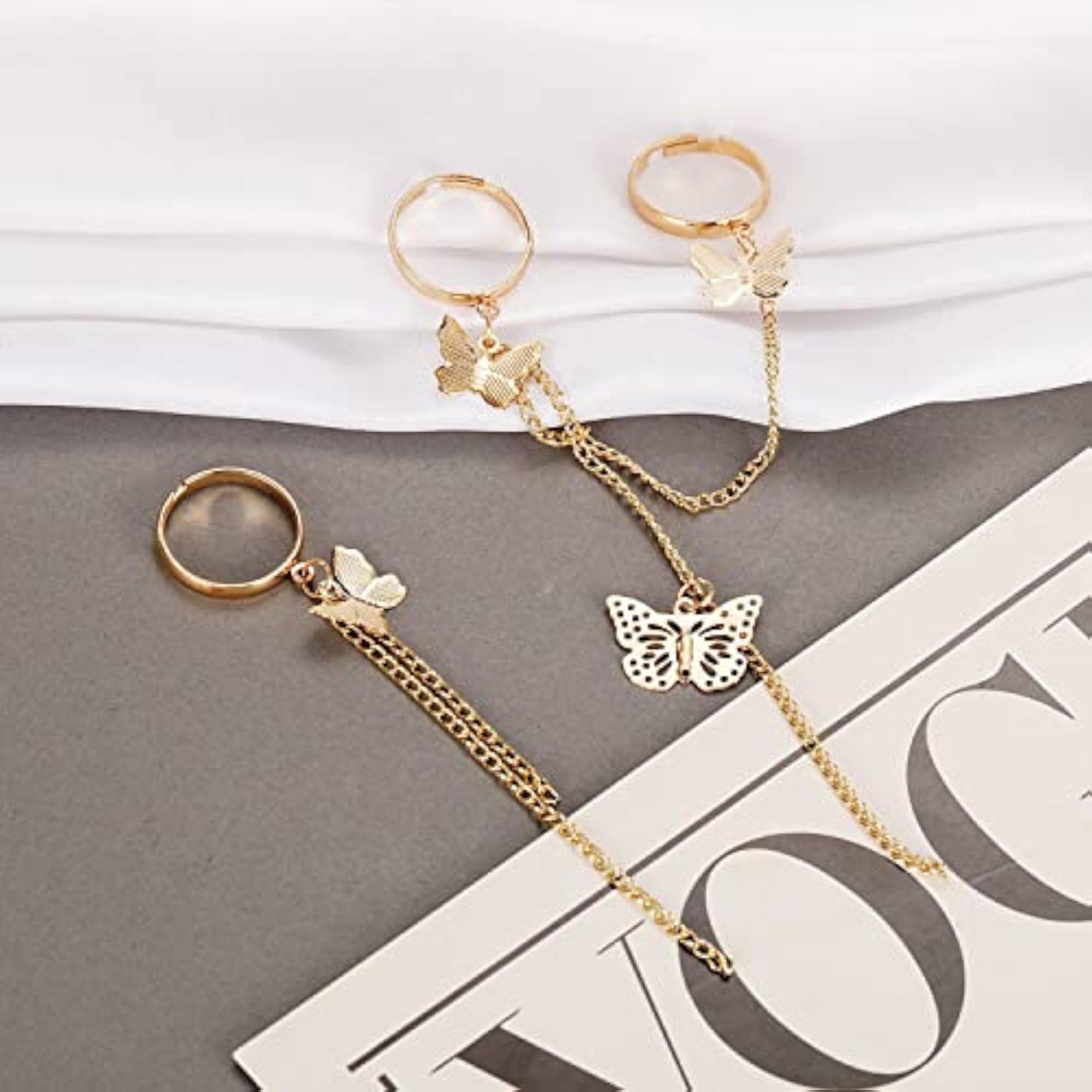 Butterfly Chain Rings Set Plated Toned