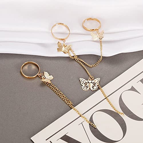 Butterfly Chain Rings Set Plated Toned