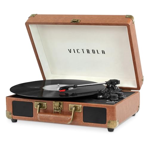 Victrola Journey – Tocadiscos portátil Tipo Maleta Bluetooth con Altavoces Integrados, 3 velocidades, Salida RCA y Jack para Auriculares (Marrón)