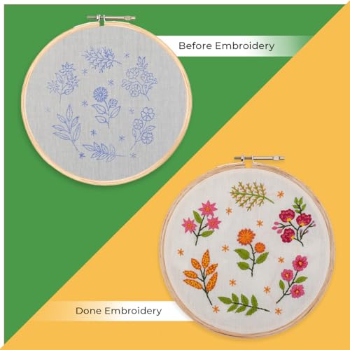Embroiderymaterial DIY Hand Embroidery Kit for Beginners – Pre-Printed Floral Design with Hoop, Threads, Needles, Cutter & Instructions – Art & Craft Kit for Adults, All Materials Included With Tutorial Pages