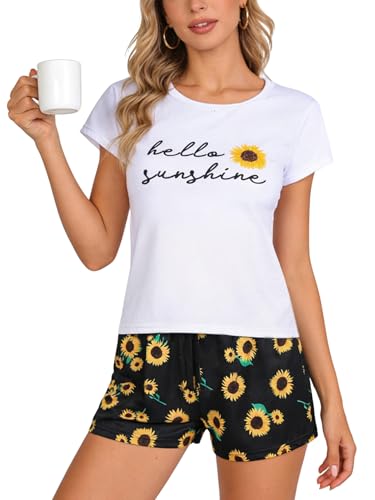 VENTELAN Pajama Set For Women Cute PJS Summer Short Sleeve Shorts Sleepwear White XS