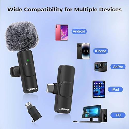 Image of EMBOX Mic Wireless with Type-C & Lightning, Wireless Dual Mic for YouTube Recording, 2.4GHz Wireless Microphone with Noise Cancellation, 20m Range, 6H Battery, Magnetic Clip (K9-B)