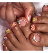 Colorful Flower French Tip Press on Toenails Square Fake Toe Nails Summer Floral False Toenails G...