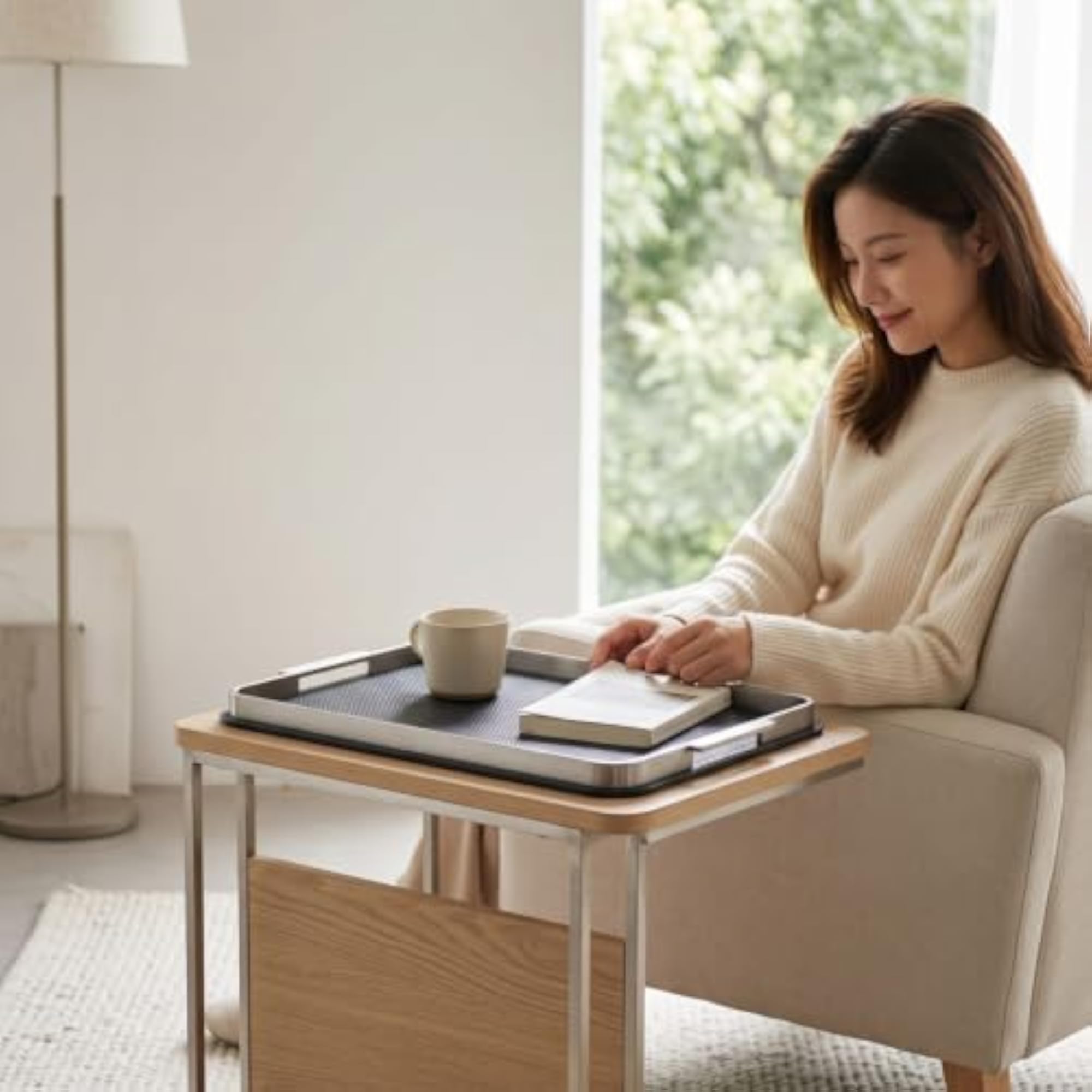 Rectangular Tray with Metal Rim, Slim Woven Base Design