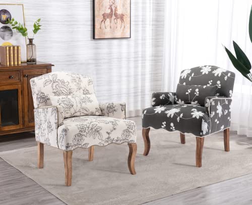 Cimoo Mid Century Accent Chair Floral Reading Chair With Removable Pillow Wingback Arm Chair Upholstered Comfy Single Sofa For Living Room/Bedroom/Fireplace, Beige #TOP7