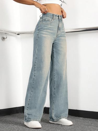 Image of Straight Leg Jeans for Women High Waisted Wide Leg Denim Pants