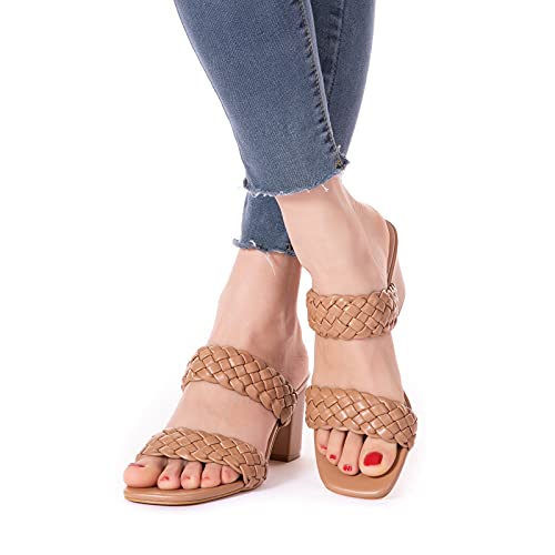 N.n.g Women Heel Sandals Chunky Heels Woven Braided Nude Strappy Thong Block Square Leather Comfortable Sandals 8 #TOP5
