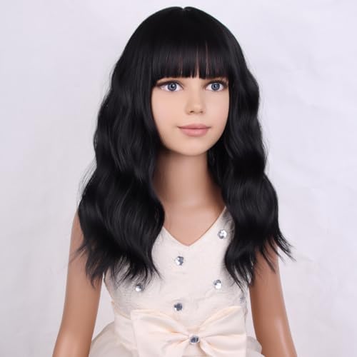Image of PATTNIUM Black Kids Child Wig Shoulder Length Black Wavy Wigs with Bangs for Gilrs Heat Resistant Synthetic Girls Wig Daily Wear Wigs