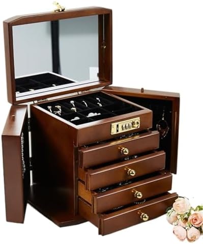 Miniatura 4 de Solid Wood Jewelry Box with Lock - Large Capacity Multifunctional Storage Display Box for Wedding & Birthday, Retro Design, Lid Included (26 * 19 *