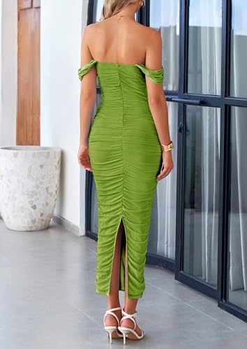 Image of PRETTYGARDEN Womens Off Shoulder Maxi Wedding Guest Dress | Comfy Mesh Fabric, Long Ruched Bodycon Dresses, Sleeveless Back Split, Formal Cocktail Party Outfits, Chic Summer Clothes