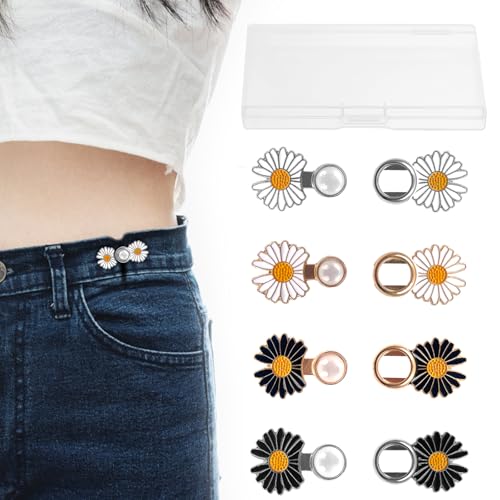 4 Paare Hosen Enger Machen Clip Abnehmbarer & Verstellbarer Hosenbund Enger Machen Gänseblümchenblumen Jeans Knöpfe Ohne Nähen Nagelfreier Hosenknopf für Damen Jeans und Röcke