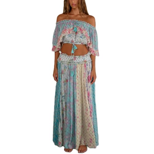 Meiweileya Women Y2k Boho Floral Two Piece Maxi Skirt Set Summer Off Shoulder Crop Tops Ruffle Flowy Going Out Long Skirts