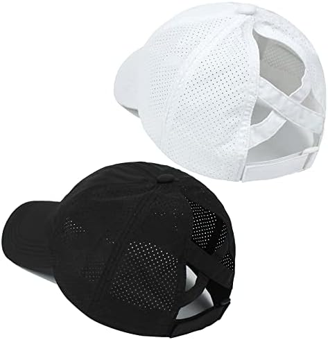 Muryobao 2 Packs Womens Criss Cross Ponytail Baseball Cap Adjustable High Messy Bun Ponycap Quick Drying Mesh Dad Hat for Outdoor Sports Travel Black & White