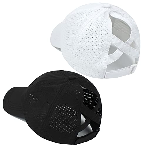 Muryobao 2 Packs Womens Criss Cross Ponytail Baseball Cap Adjustable High Messy Bun Ponycap Quick Drying Mesh Dad Hat For Outdoor Sports Travel Black & White #TOP3