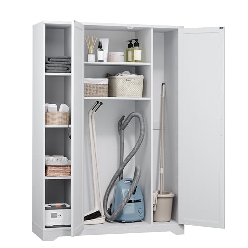 DWVO Broom Closet Storage Cabinet, Wooden Organizer for Ironing Board and Bucket Vacuum Cleaners, Double-Door Cleaning Cabinet for Laundry Rooms and Utility Spaces