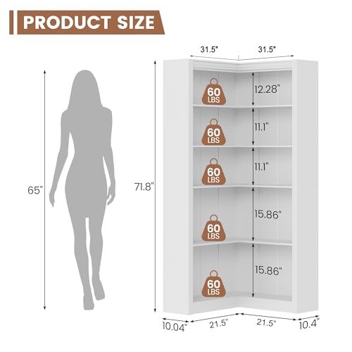 GarveeHome Corner Bookshelf, 71.8'' Farmhouse Corner Bookcase, L-Shaped Bookshelf Large Bookcase, 5 Tier Display Shelf Heavy Duty Bookcases, Bookshelves with Storage (White)