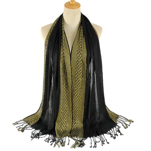 ikasus Large Soft Cotton Pashmina Golden Thread Shawl Wrap Scarf for Women Cold Weather Clothing Accessories Type 52