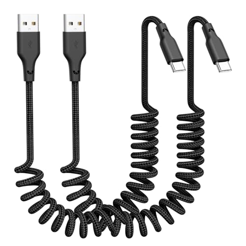 Quickeep Car Carplay Cable 2Pack 3ft Coiled USB A to USB C Fast Charge Cord for iPhone 17/16/15/Plus/Pro Max/MacBook Pro, Auto Coiled Retractable iPhone Car Cord