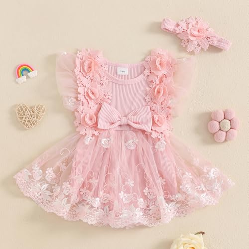 Baby Girl Romper Dress Flower Lace Tulle Dresses with Headband Newborn Photography Birthday Outfits2
