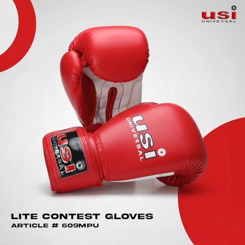 USI UNIVERSAL Lite Contest Pu Boxing Gloves for Men & Women with Moulded Foam Padding, Sweat Wicking Lining, Elasticated Hook & Loop Wrap Around Closure System (Red, 12oz)