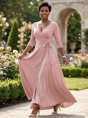 Image of PinkPatty Women's Plus Size Maxi Dresses Casual Flowy 3 /4 Sleeves Dress Printed Vacation Dress for Daily Wear with Belt