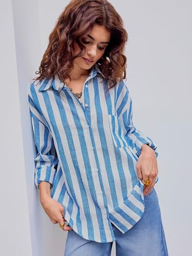 CIDER Santorini Beach Vacation Linen-Blend Collar Striped Pocket Long Sleeve Shirt2
