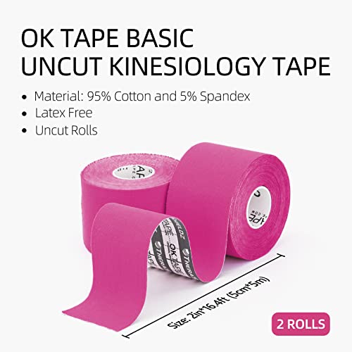 Ok Tape Basic Original Cotton Kinesiology Tape (2 Pack), Elastic Water Resistant Therapeutic Athletic Tape, Latex Free, Pain Relief, Injury Recovery, Uncut K Tape 2In×16.4Ft - Pink #TOP2