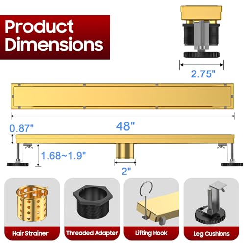 Image of DLONE Linear Shower Drain - 48 Inch Brushed Gold, with Tile Insert Panel
