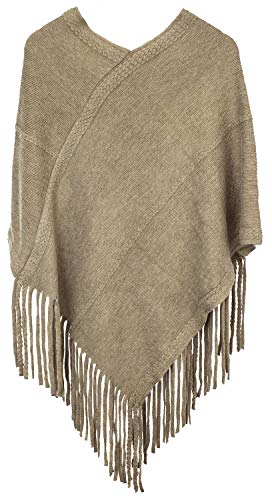 stylesilove Women Trendy Brushed Soft Knit Poncho with Fringe Trim Chic Shawl