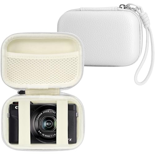 Linpr Digital Camera Case Compatible with Canon Powershot G7X Mark II & III/ SX740/ Sony ZV-1/ RX100 VII, Compact Travel Point & Shoot 4K Vlog Cameras Storage Holder with Lanyard (White)