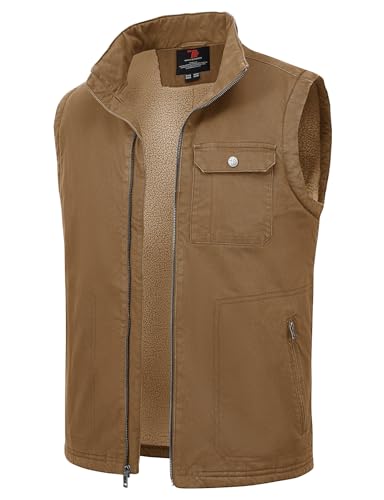 Rdruko Men's Sherpa Lined Vest Casual Winter Fleece Warm Cotton Work Vest Outerwear, Khaki, XL